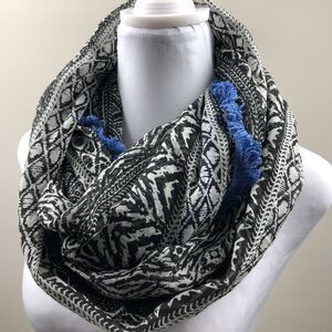 American Eagle Infinity Scarf B/W Sheer Blue Crochet Trim Boho Aztec 100% Cotton